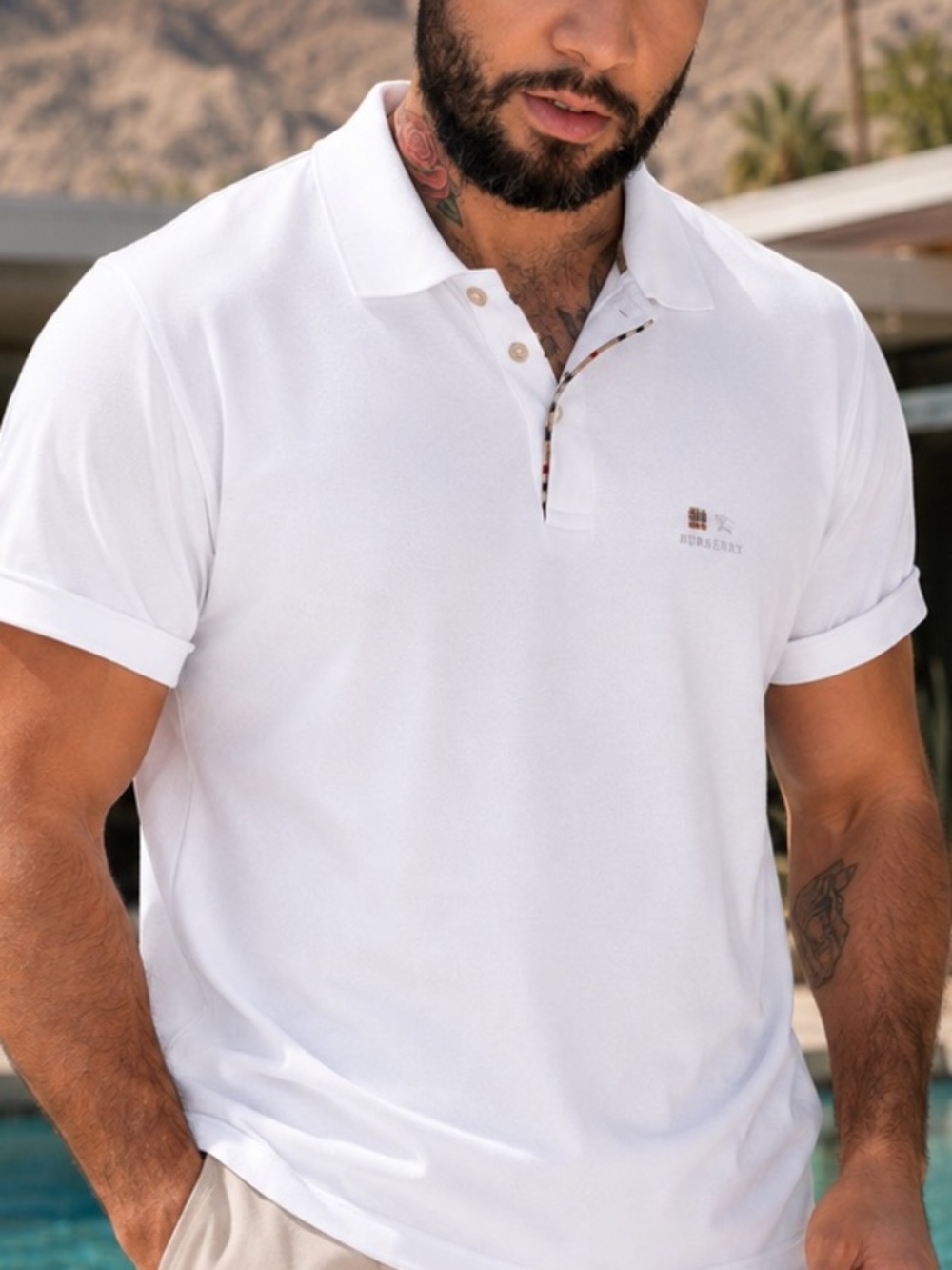 Burberry Men’s White Polo Shirt XL 45” Chest Nova Check Placket Classic Logo